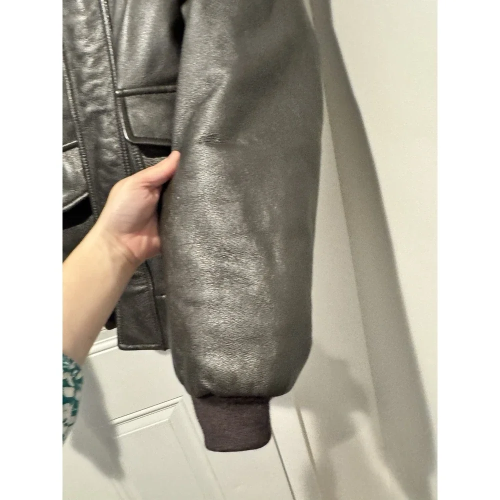 Vintage LL Bean Goat Skin Leather Bomber Jacket Mens L Black Sherpa Lined